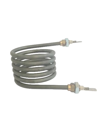 A coiled heating element typically used in capsule shrinkers, with metallic finish and two connectors at the ends.