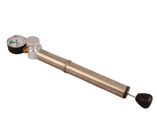 Stainless Steel airpump with a gauge on a white background