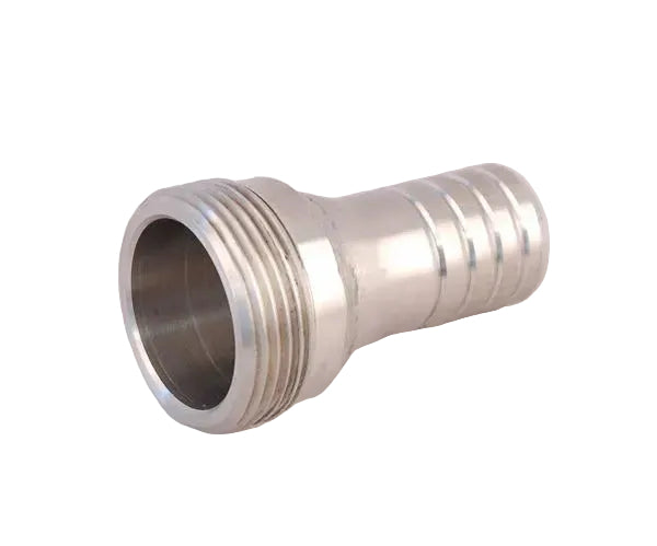 Stainless steel hosetail with male thread, silver in color, typically used for connecting hoses to fittings.