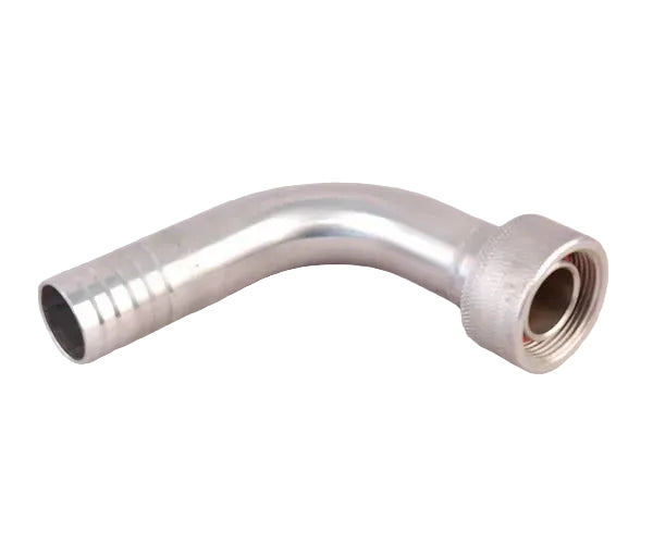 A hosetail BSP 1¼" female x 32mm 90° bend in stainless steel