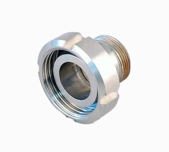 Metal fitting on a white background. Adaptors BSP male x DIN female stainless steel