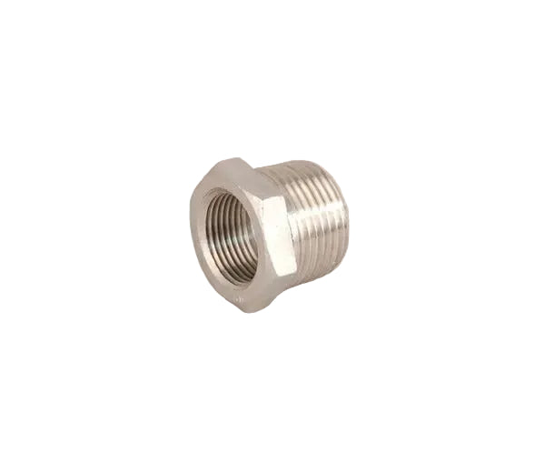 A stainless steel reducing bush with a male BSP connection on one end and a female BSP connection on the other.