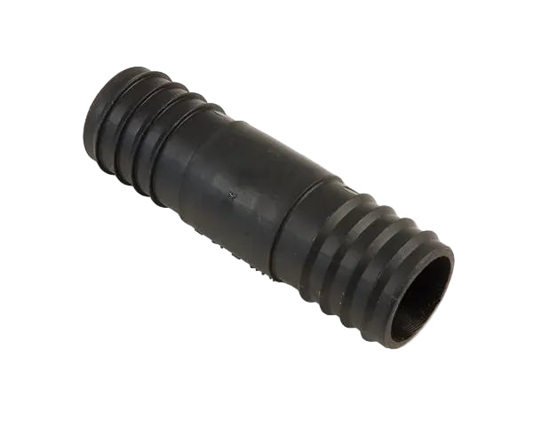 A black polypropylene hose joiner with an in-line design.