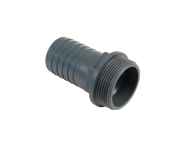 A gray polypropylene BSP male hosetail fitting.