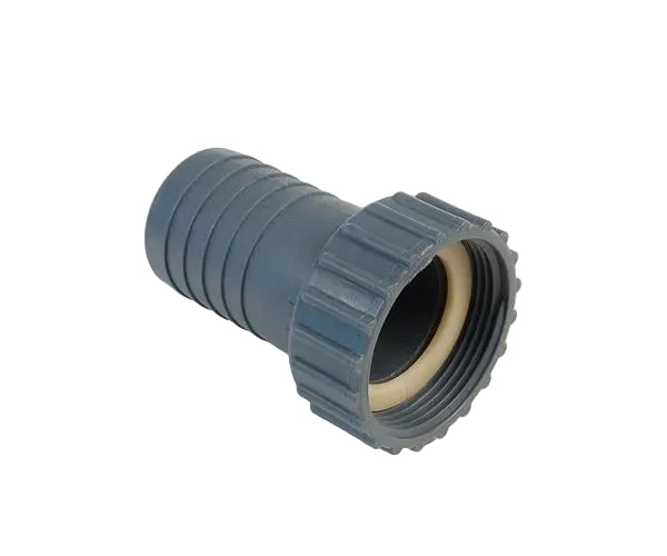 A gray polypropylene BSP female hosetail with a tapered thread and an o-ring for hose attachment.