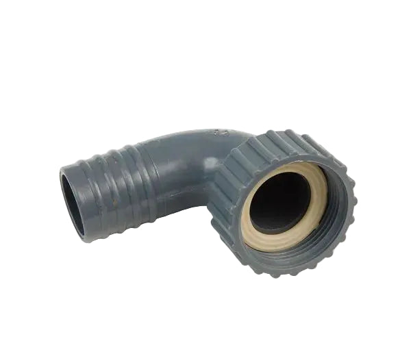A blue polypropylene hosetail with a 90 degree bend, designed for connecting hoses to BSP fittings.