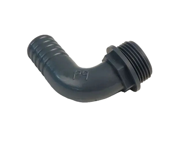 A polypropylene hosetail with a 90 degree bend and BSP male connection.