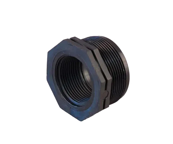 A black polypropylene reducing bush with a male BSP connection on one end and a female BSP connection on the other.