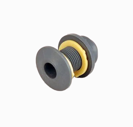 Gray and yellow bulkhead fitting lightweight polypropylene on a white background