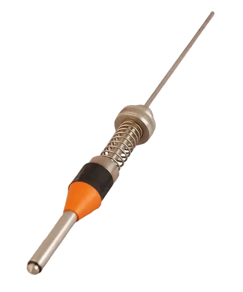 A spare nozzle for a gravity feed filler, featuring a metallic construction with a black and orange handle.