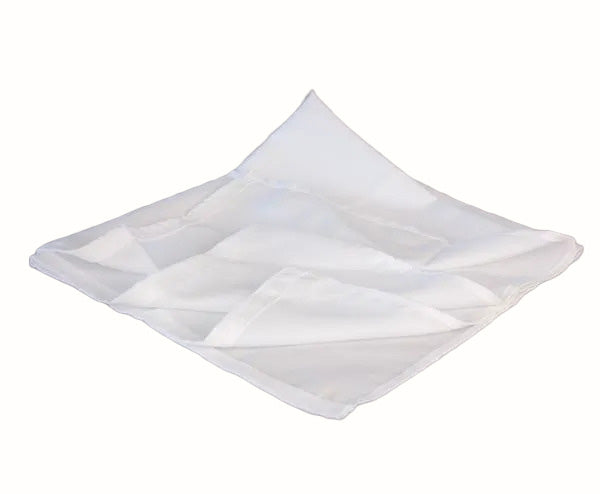 A white, fine mesh polypropylene press cloth laid out on a white background.