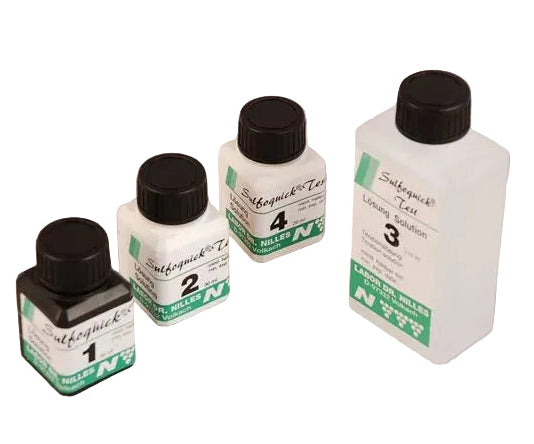A set of four small plastic bottles labeled with numbers 1, 2, 3, and 4, each containing a different reagent solution for a test kit.