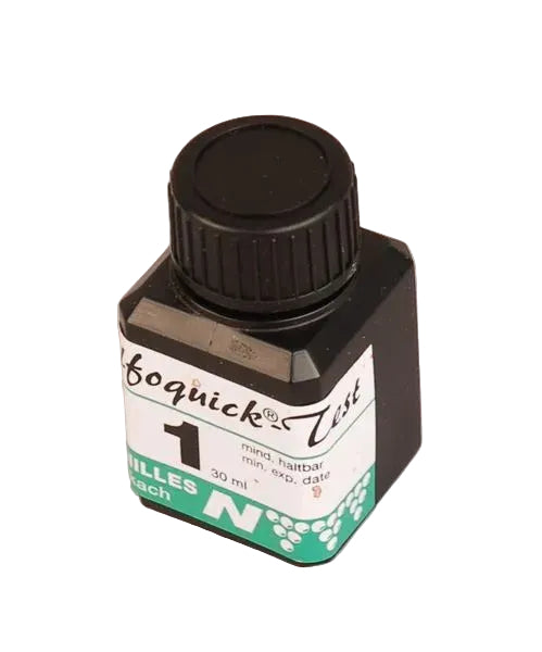 A bottle labeled 'Sulfoquick Test', part code 94100, with a green and white color scheme.