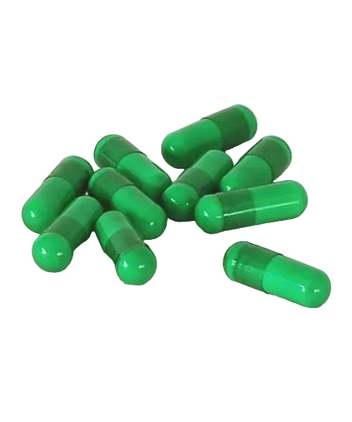 A collection of green buffer capsules for a pH meter, displayed on a white background.