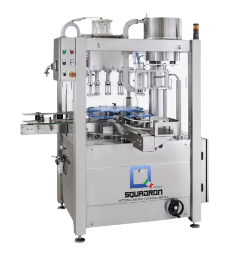 A squadron A AV4.1 filling and capping machine with a stainless steel frame, blue mechanical components in the center, and a visible Squadron logo on the front panel, photographed on a plain white background.
