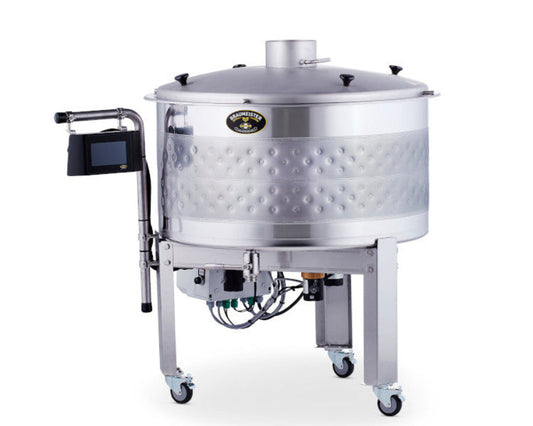 Stainless steel brewing vessel on wheels with digital display on a white background