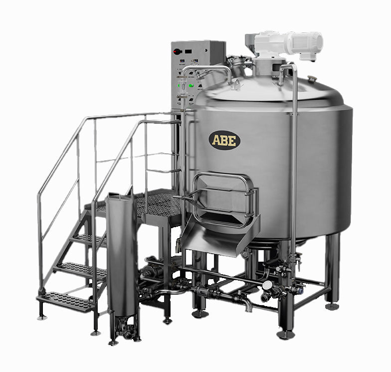 A large stainless steel ABE mash house with an attached metal staircase, ladder, and control panel, isolated on a white background.