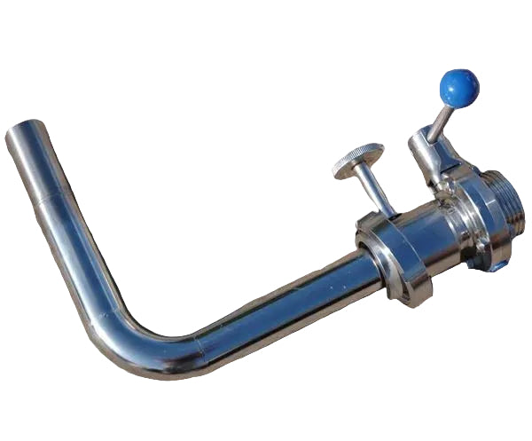 A stainless steel rotating racking valve with a blue handle and a fixed attachment point on the ground, designed for use in brewing tanks.