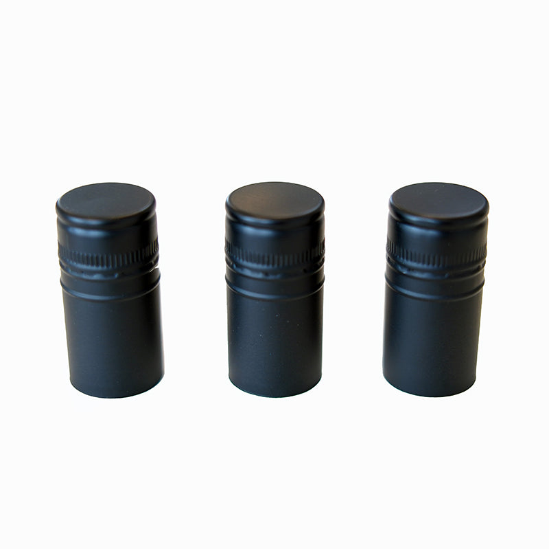 Three black 30mm Aluminium ROPP (Roll-on pilfer-proof) caps