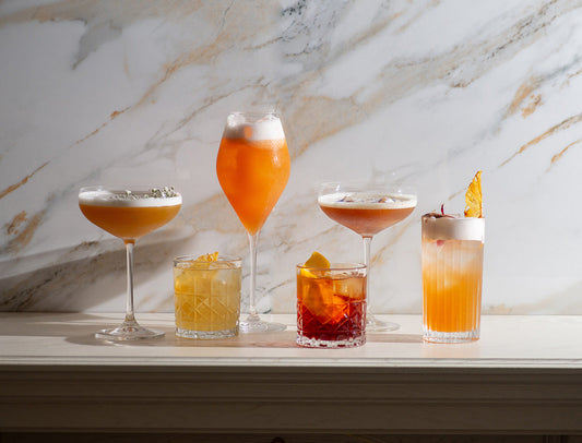 A selection of hand crafted non-alcoholic cocktails on a marble bar