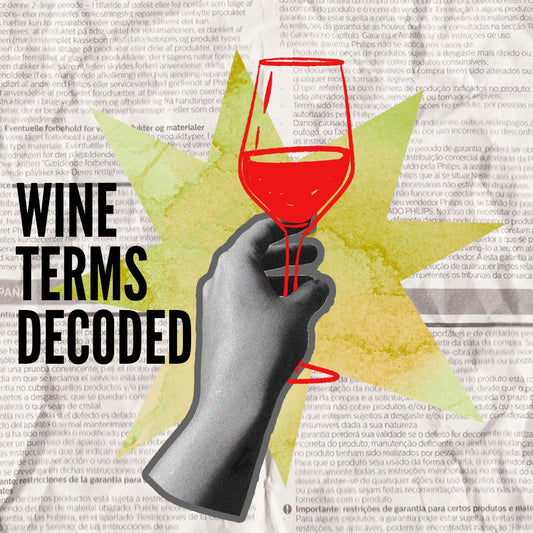 A collage of a hand holding a glass of wine with the words 'wine terms decoded'