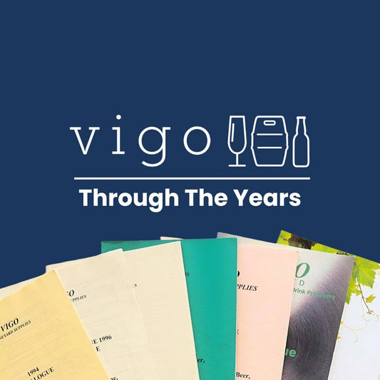 Vigo through the years on a blue background with Vigo brochures underneath.