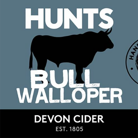 THe label for Hunts 'Bull Walloper' Devon cider featuring a Bull on a blue background