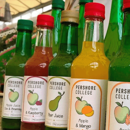 A row of assorted Pershore College juices