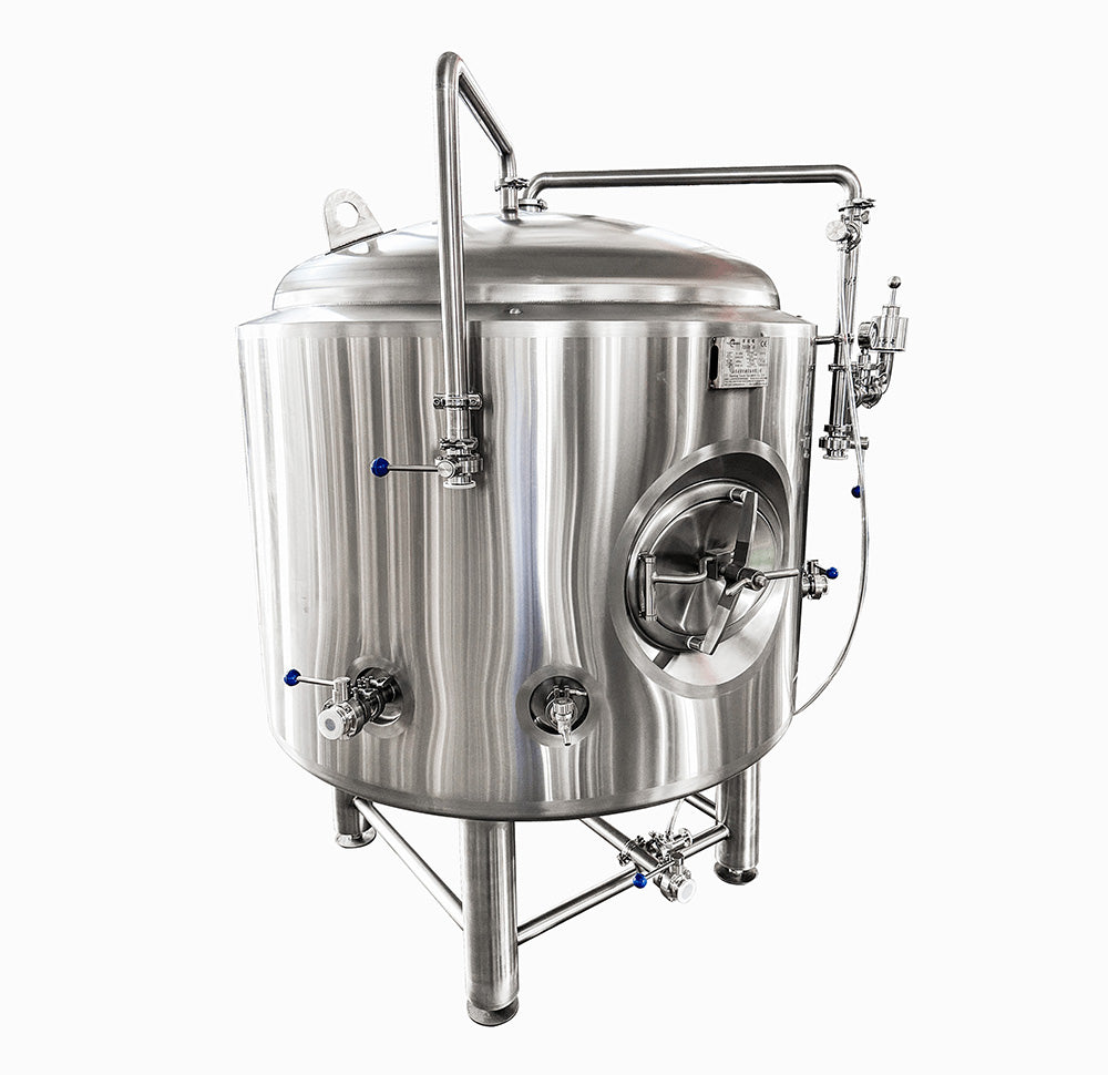 A stainless steel fermentation vat with a large cylindrical body, a round viewing window, multiple metal pipes, valves, and legs, shown on a plain white background.
