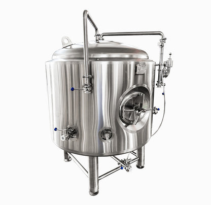 A stainless steel fermentation vat with a large cylindrical body, a round viewing window, multiple metal pipes, valves, and legs, shown on a plain white background.