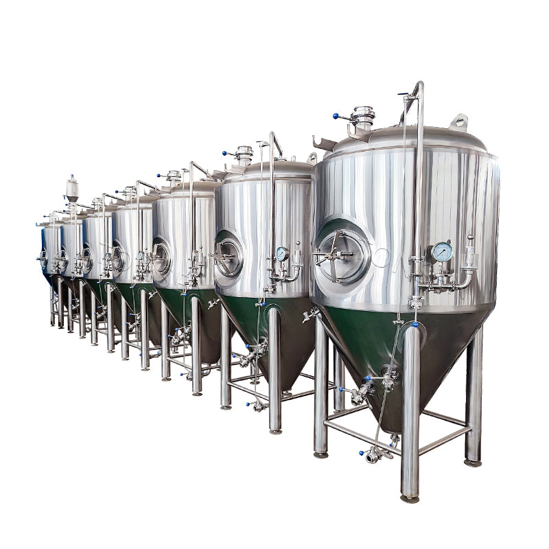 A row of stainless steel fermentation tanks with conical basins and attached piping systems, photographed on a plain white background.