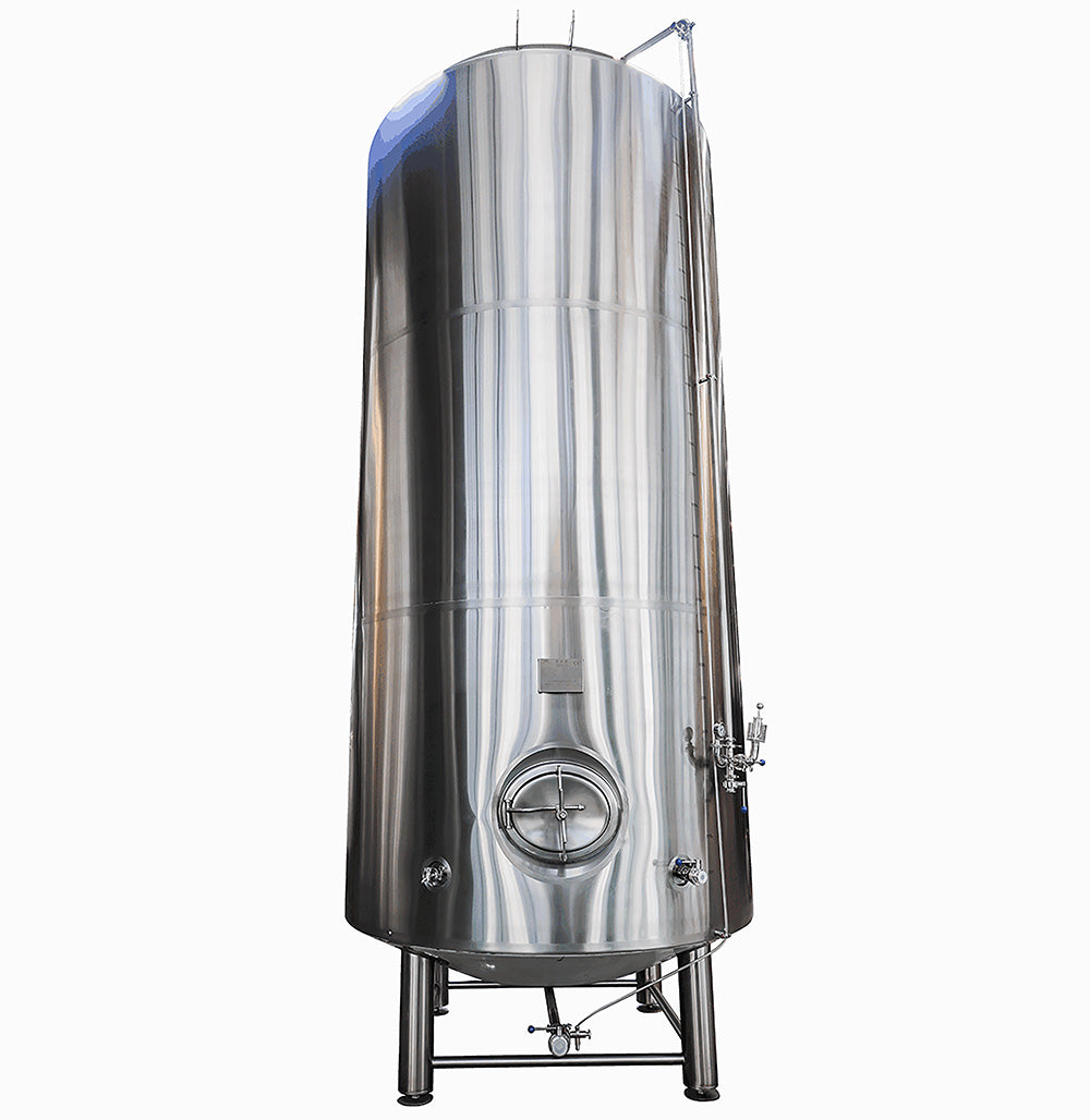 A large stainless steel fermentation vessel with a cylindrical body, dome top, and four legs, shown on a plain white background.
