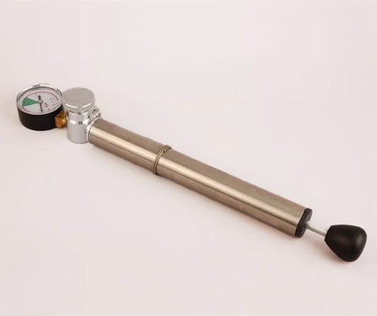 Stainless Steel airpump with a gauge on a white background
