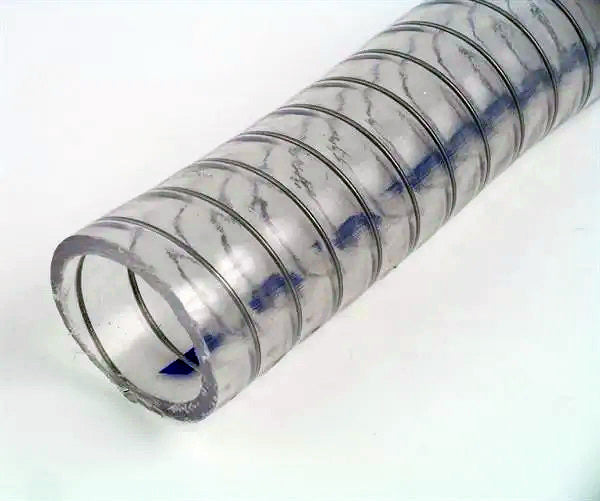 Clear plastic hose with black and blue interior on a white background