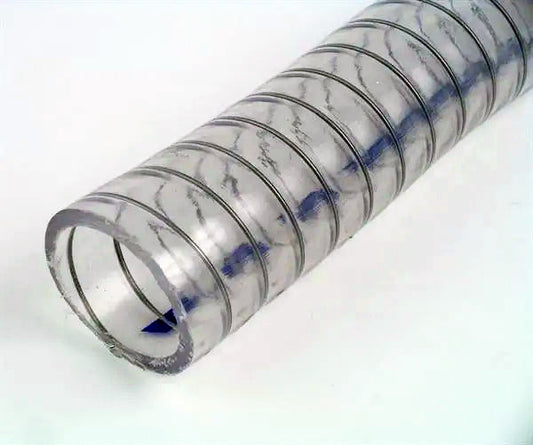 Clear plastic hose with black and blue interior on a white background