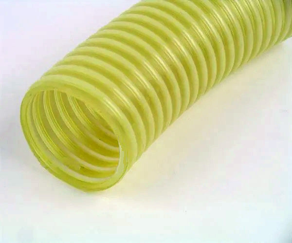 Coiled yellow flexible hose on a white background