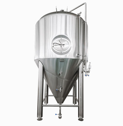 A stainless steel fermentation tank on a white background 
