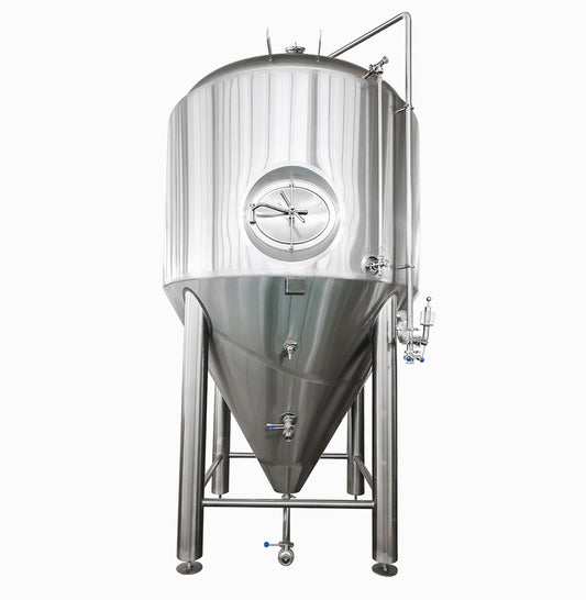 A stainless steel fermentation tank on a white background 