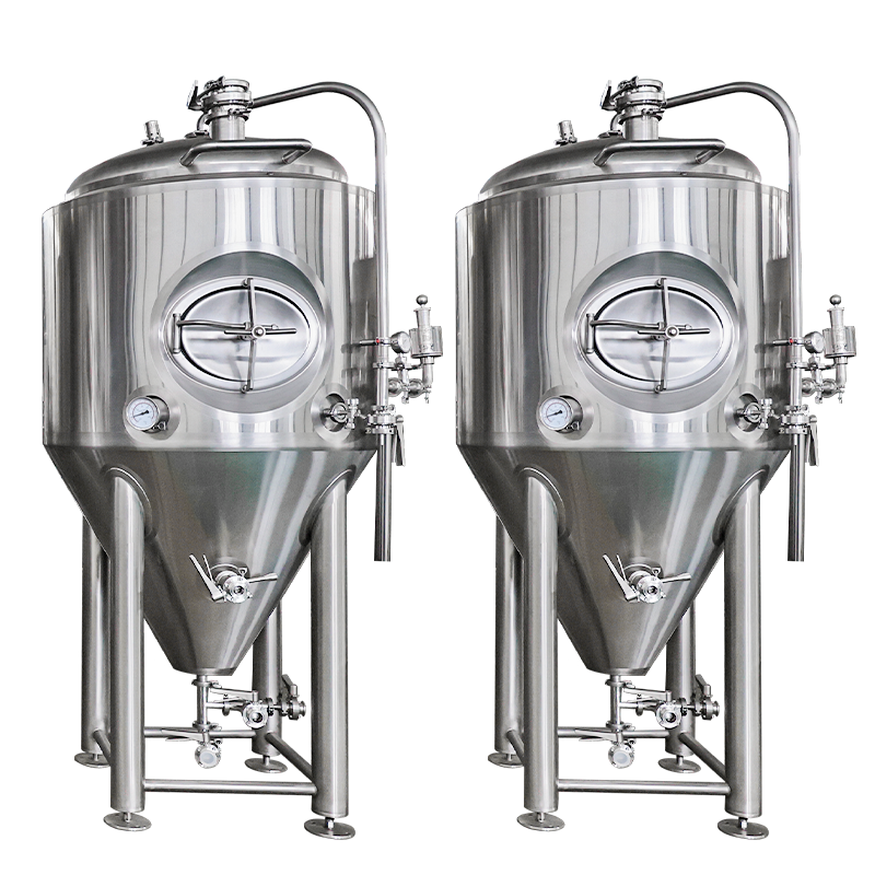 Two stainless steel conical fermentation tanks with conical bottoms, round viewing windows, and metal piping, shown on a plain white background.