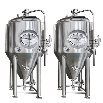 Two stainless steel conical fermentation tanks with conical bottoms, round viewing windows, and metal piping, shown on a plain white background.