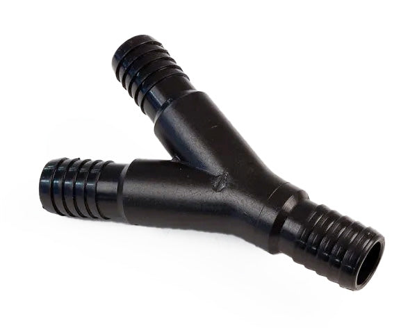 A black plastic Y-shaped hose splitter with threaded connectors on each arm, shown on a plain white background.