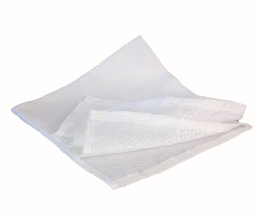 Coarse weave polypropylene press cloth on a white background