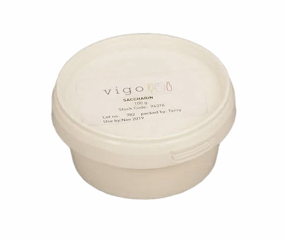 Round container of Saccharin with 'vigo' branding on a white background