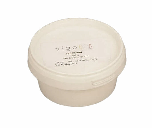 Round container of Saccharin with 'vigo' branding on a white background