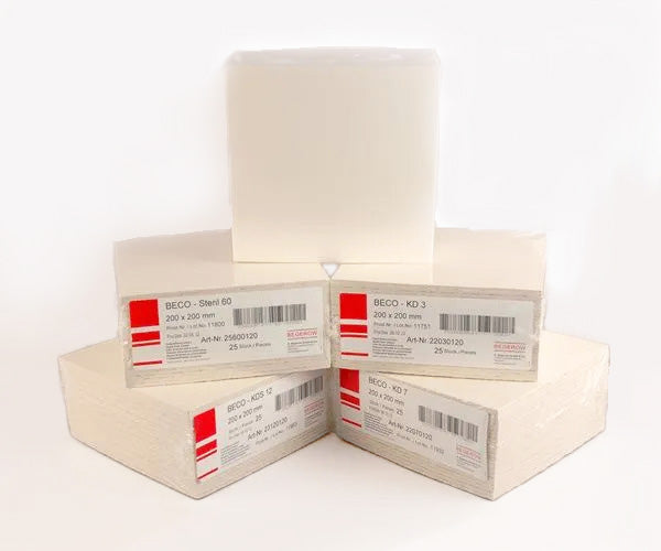 Stack of white boxes containing Beco 20 x 20 filters on a white background
