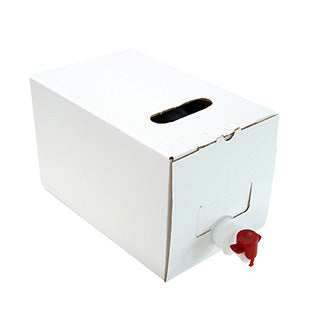 White cardboard bag-in-box with a carry handle and red valve on a white background