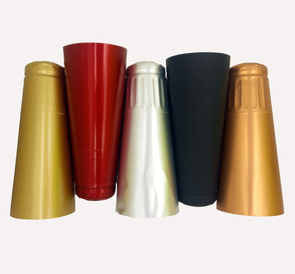 A range of Polyaminate Champagne foils in gold, red, silver, black and rose-gold on a white background.