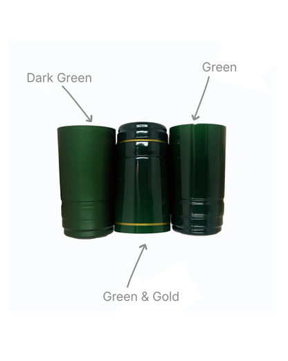 Green, dark green and green & gold PVC shrink capsules for wine bottles