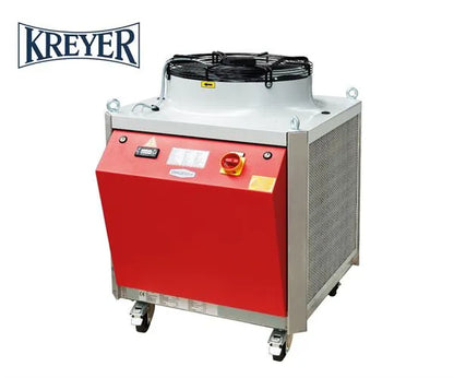 A Kreyer Chilly MAX chiller & heating unit, featuring a red and silver body with black fans on top, mounted on wheels.