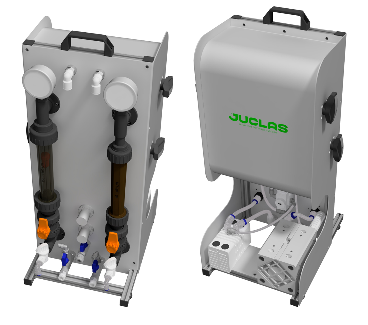 Front and back view of the Juclas Mastermind Lab unit for alcohol removal